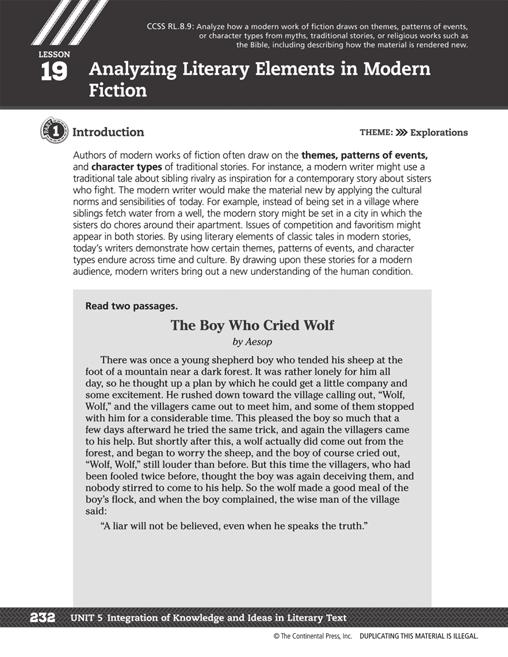 19 Analyzing Literary Elements in Modern Fiction Pages 232 234 Common Core State Standard Analyze how a modern work of fiction draws on themes, patterns of events, or character types from myths,