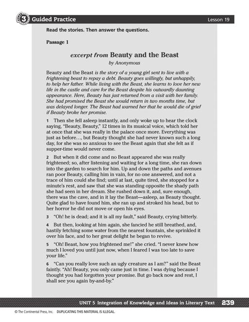 LESSON 19 analyzing Literary elements in modern FICTION PAGES 239 AND 240 3 Guided Practice Title: Beauty and the