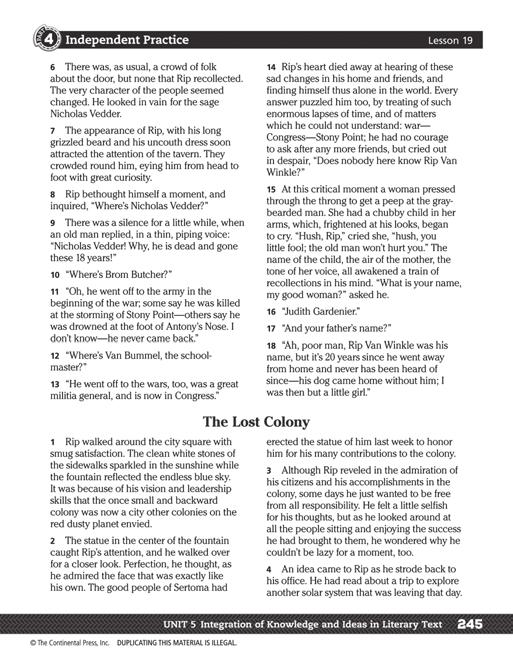 PAGES 245 AND 246 LESSON 19 analyzing Literary elements in modern FICTION Title: The Lost Colony Genre: Science Fiction Lexile Measure: 970L expedition, reveled, skidded 4 Independent Practice Answer
