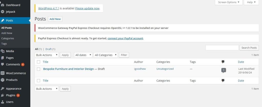 WORDPRESS MENUS These are the main options we are going to be using today. POSTS This is the menu where you create and manage your blog posts. When you start you will only have one draft post.