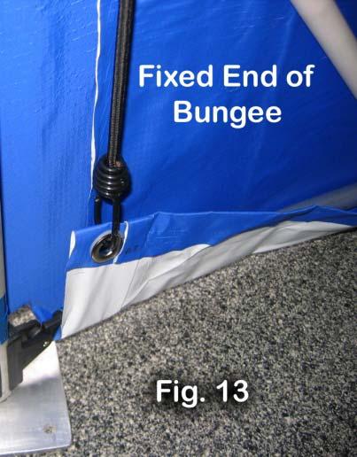 Once all are placed, hook the fixed end of the bungee into the bottom grommets (Fig. 13).