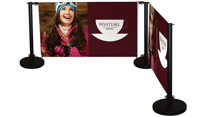 This deluxe cafe barrier comes has heavy stainless steel components with a chrome finish. It is available in multiple sizes with different graphics options.