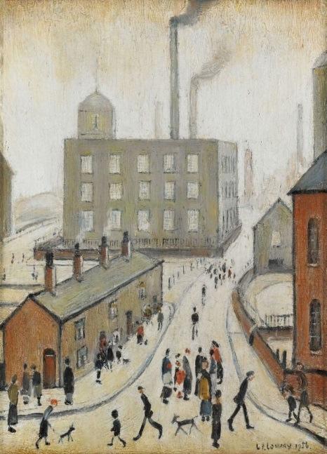 The painting encapsulates the central themes of Lowry s work, portraying both work and play in a single composition that is brimming with activity.