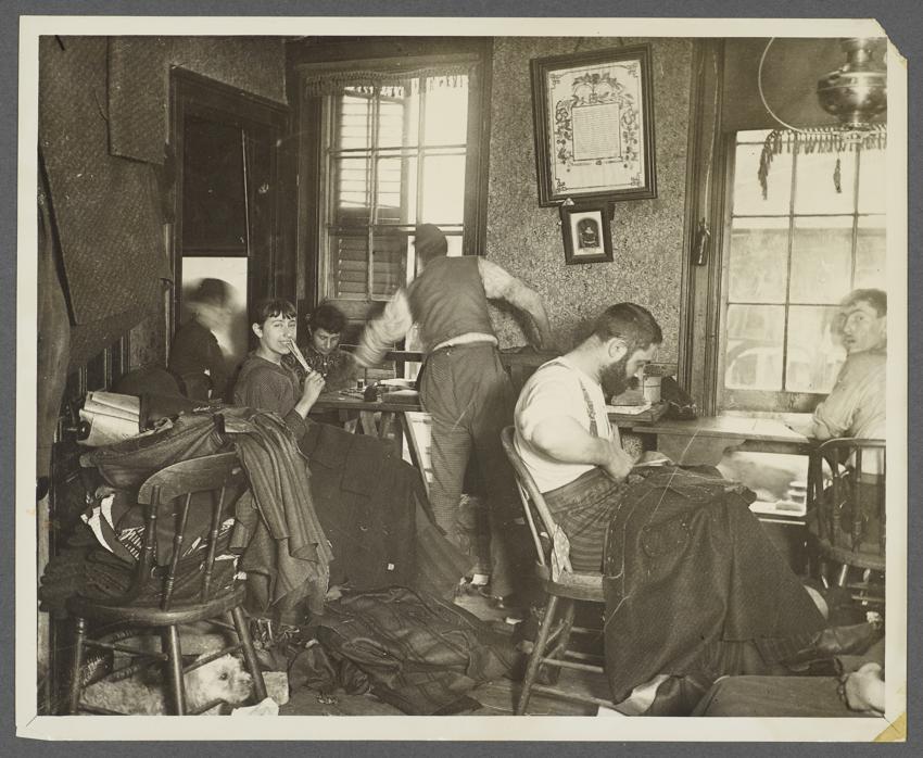 Landon 2 Figure 1 Photo by Jacob Riis of a sweatshop circa 1890-1891. a single team of one sewing-machine operator, one baster, and one finisher" (Cahan, par. 1).