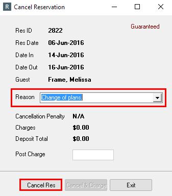 Select the Reason for cancelling the reservation, then select Cancel