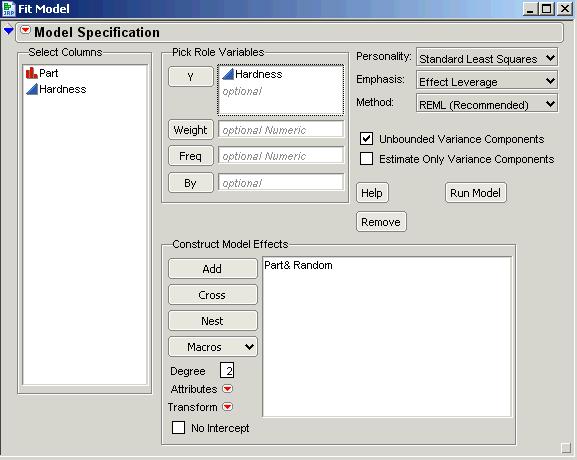 Example 4-2 Figure: JMP Fit Model Dialogue Box for Example 4-2