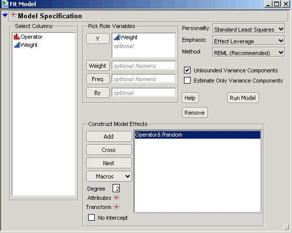 Example 4-3 Figure: JMP Fit Model Dialogue Box for Example 4-3