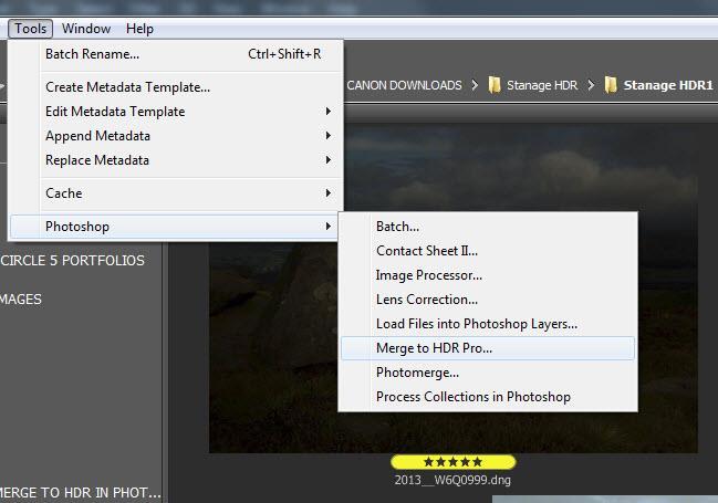 12. Select Tools/Photoshop/Merge to HDR Pro 13.