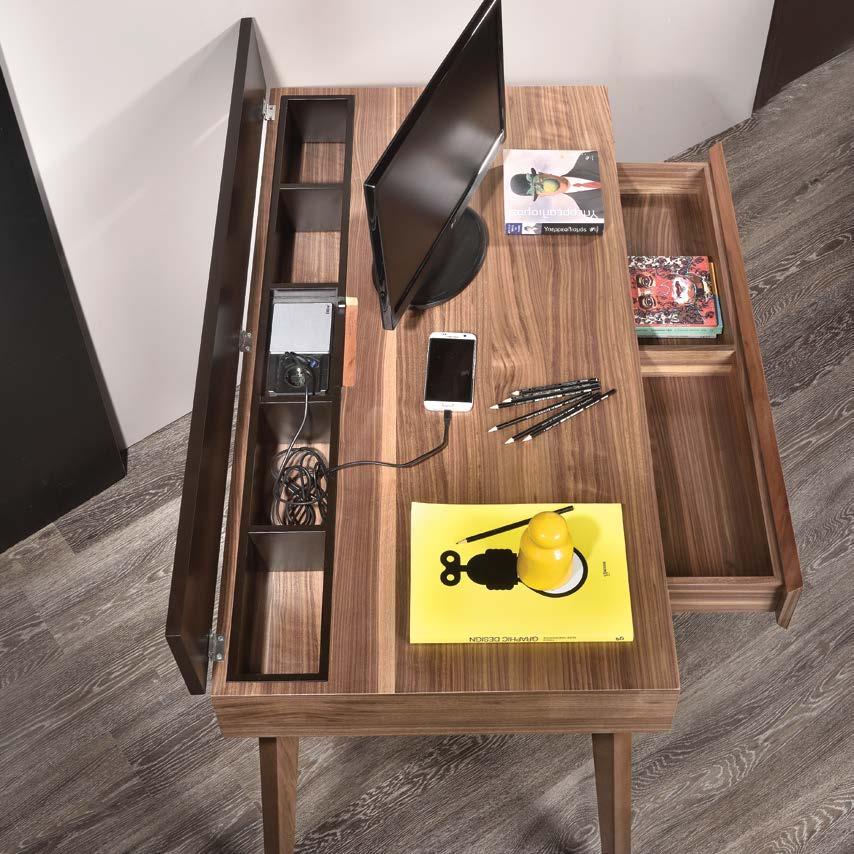 The Ryan Desk has a small drawer located in the front working with the soft close and pull system.