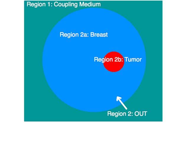 Fig. 3a. Phantom set-up showing breast (light green) and tumor inclusion (blue). Fig. 2. Experimental schematic of s within imaging domain: Region1- Coupling Medium, Region2a Breast, Region2b Tumor.