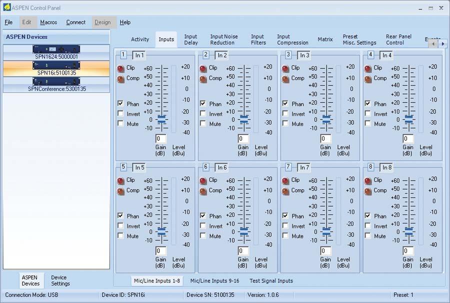 Control panels for the various processors open with a diagram of the processors in the order that they are connected