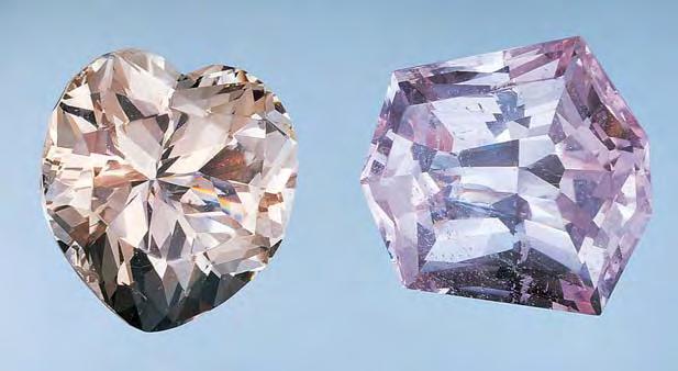 Figure 7. The 191.59 ct stone on the left shows the brownish pink color that is typical of morganite as it is mined from the White Queen mine in Pala, California.