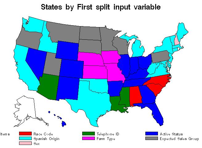 Figure 2: Choropleth map of first split variables by region 4.