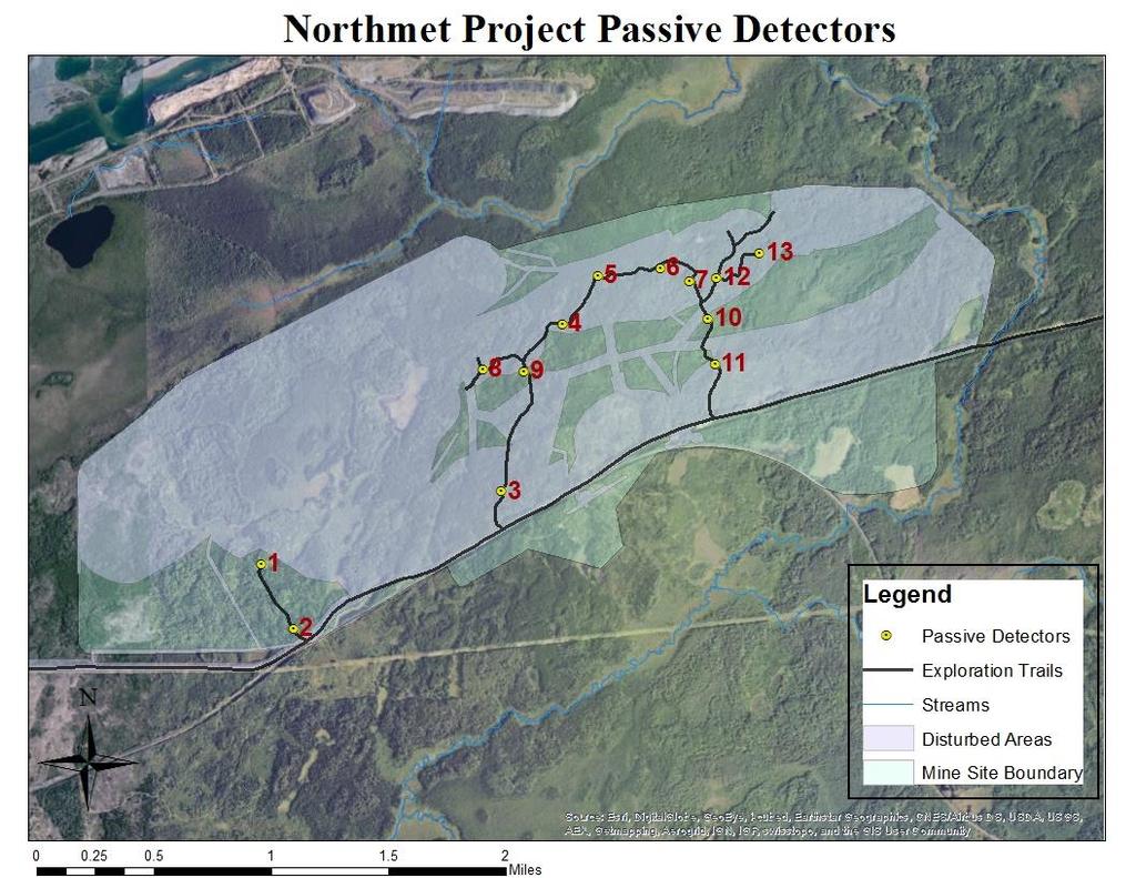 Two detectors were deployed at one time, at least 200m apart, for two nights. A total of 13 sites were monitored for 34 nights of data collection (Figure 1).