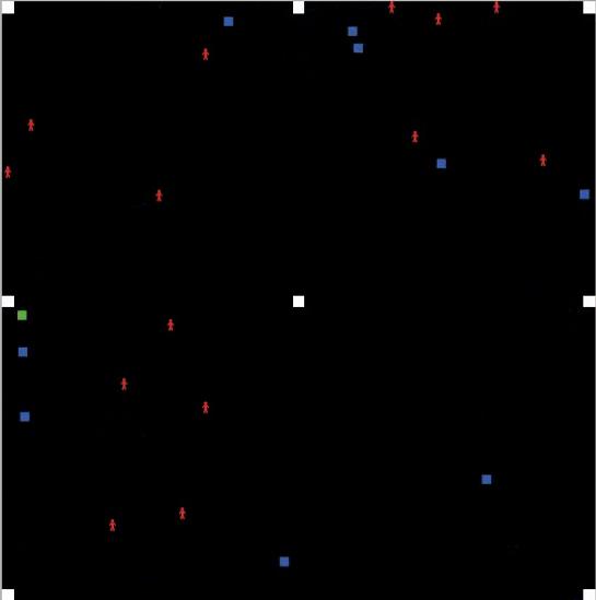 .. (a) NearS.. (b) ReasS Fig. 1: NearS and RearS search strategies. 750 steps, 10 robots, 100 humans, and 8 exits. Exits in white, robots in blue, humans in red, robot that brings a human in green.