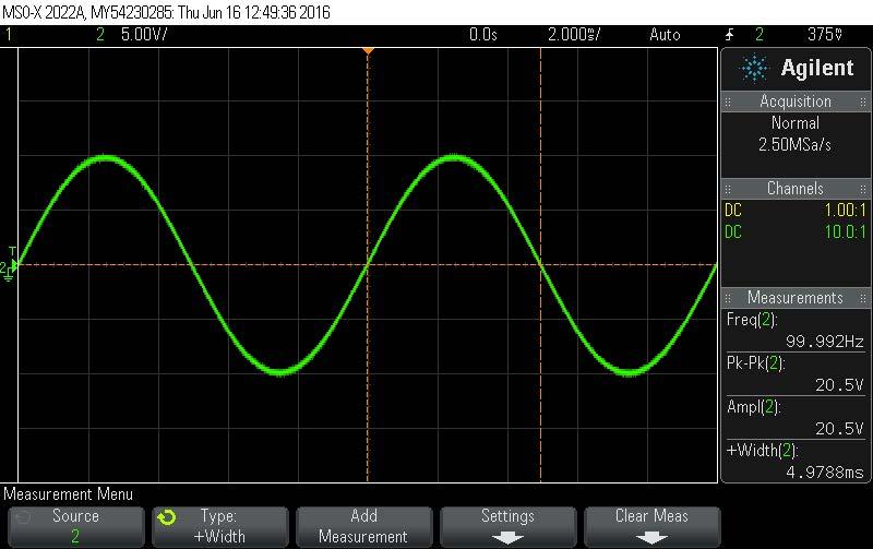 With input V S = 10V pp, f = 100Hz sinusoidal AC, we have AC input (GREEN) and DC output (YELLOW) oscilloscope