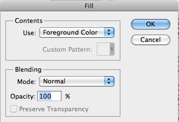 Select the new image window just created. Choose Edit>Fill from the Photoshop menu. In the Fill dialog that opens, Set the Use: pop-up menu to Foreground Color. Set the Blending Mode: to Normal.
