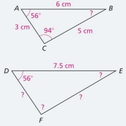 Day 2 HOMEWORK: Complete the notes from the EDpuzzle for SS 3.4 1. Triangles ABC and DEF are similar. Find the missing side lengths and angle measures. Explain how you found the missing measures.