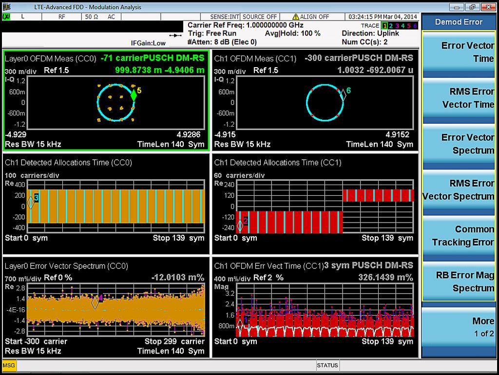 LTE downlink modulation analysis measurement showing constellation, detected allocation, frame summary, and