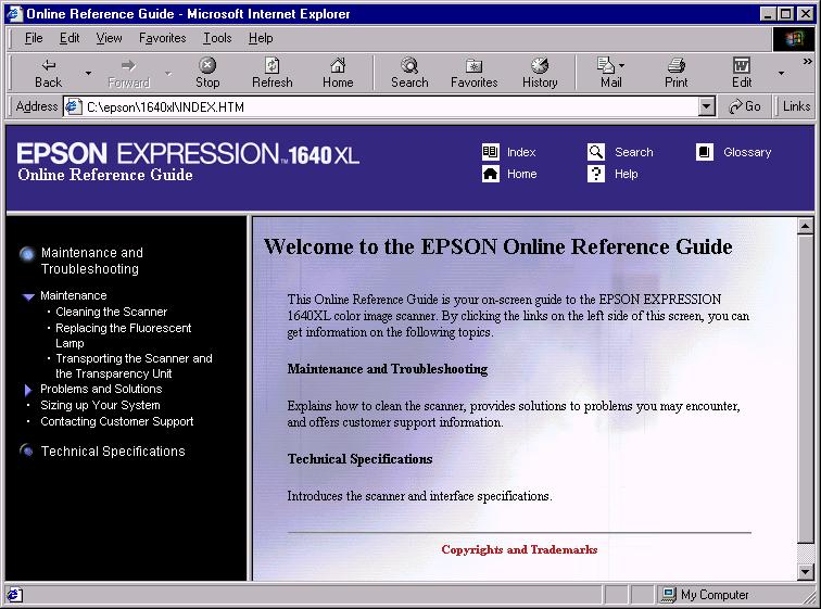 Reading the Reference Guide The electronic EPSON Expression 1640XL Reference Guide is on your EPSON Expression 1640XL Scanner Software CD-ROM. You need to install it on your hard drive to view it.