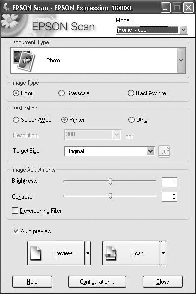 2. Choose a mode from the Mode list at the top of the EPSON Scan dialog box. If you choose Home Mode, a preview scan opens automatically. (This is the default.