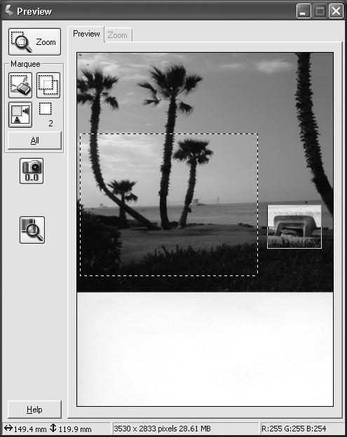 Selecting the Scanning Area in the Preview Window The Preview window lets you select the area of your image that you want to scan with a marquee (a frame that you draw around the previewed image).