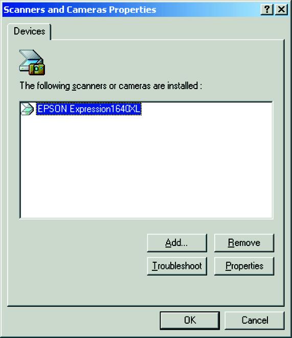 Windows Me, Windows 2000, and Windows 98 Follow these steps to assign an application to the a Start button: 1. Double-click the Scanners and Cameras icon in the Windows Control Panel. 2. Select EPSON Expression 1640XL and click the Properties button.