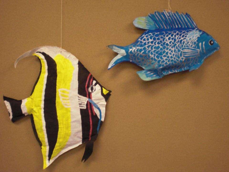 3-D Fish Draw One, Trace and make a second one Add the color-paints, Craypas,