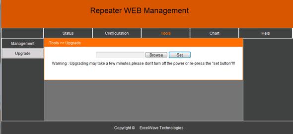 Update Step by step wizard to update repeater firmware when newer version is available. Click Browse and find the upgrade file (e.g. NET_LN4V1.220180130V1.2.23.