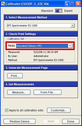 4.3 Calibrate the EFI controller 4. Select the media you want to use for calibration. [39] Media selection list 5. Click 'Print...' to set the print options and print the sorted patches chart.