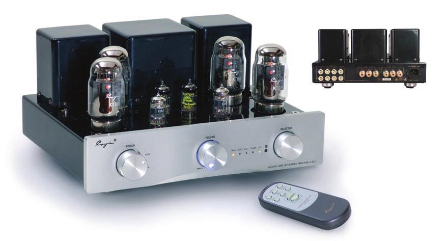 A-55T Integrated Amplifier Rear View Vacuum Tube Integrated Amplifier 18w Triode 40w Ultralinear Tubes KT88 4, 12AX7 2, 12AU7 2 THD Internal Construction Chassis Soft Start Circuit 10Hz 50kHz 1%