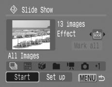 Playback/Erasing 147 3 Start the slide show. 1. Press the button. 2. Use the or button to select [Start]. 3. Press the button. The following functions are available during slide shows.