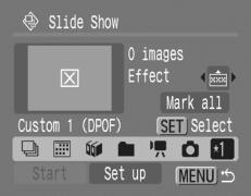 Playback/Erasing 149 Selecting Images for Playback ( ) Select only the images that you wish to play back and save them as a slide show (Custom 1, 2 or 3). Up to 998 images can be selected.