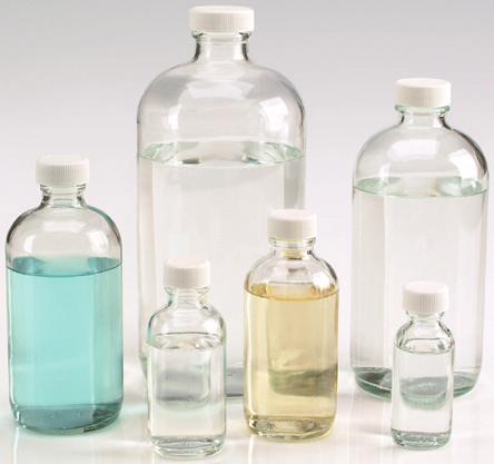 3 Boston Round Bottle Clear or Amber, Type III soda-lime glass Ideal for solvent, chemical or sample storage Available with caps attached or bulk packs without caps Cat. No.