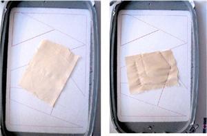 STEP: 7 STEP: 8 Place fabric square over center placement line.