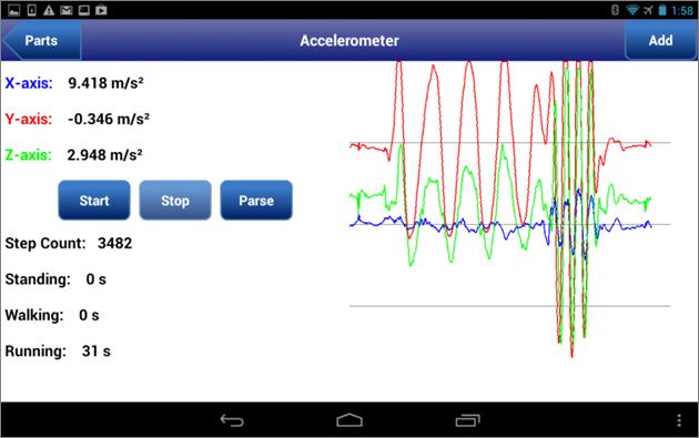 Figure 4.3: User interface depicting the streaming of data from the built-in accelerometer. 4.4.2 Shimmer Accelerometer Data from the accelerometer contained in the Shimmer baseboard can be acquired via Bluetooth using the Android library developed by Shimmer Inc.