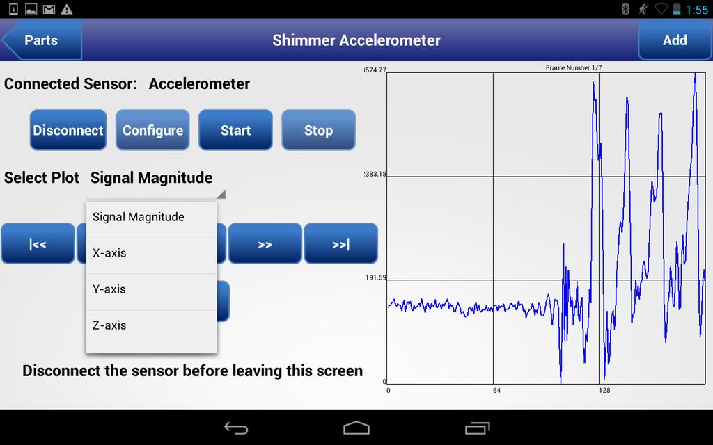 Figure 4.5: Shimmer accelerometer data frames with the pull down menu to select block output. 4.5.1 Pre-loaded Physiological Signals This block closely resembles the Long Signal Generator containing ecg data instead of audio data.