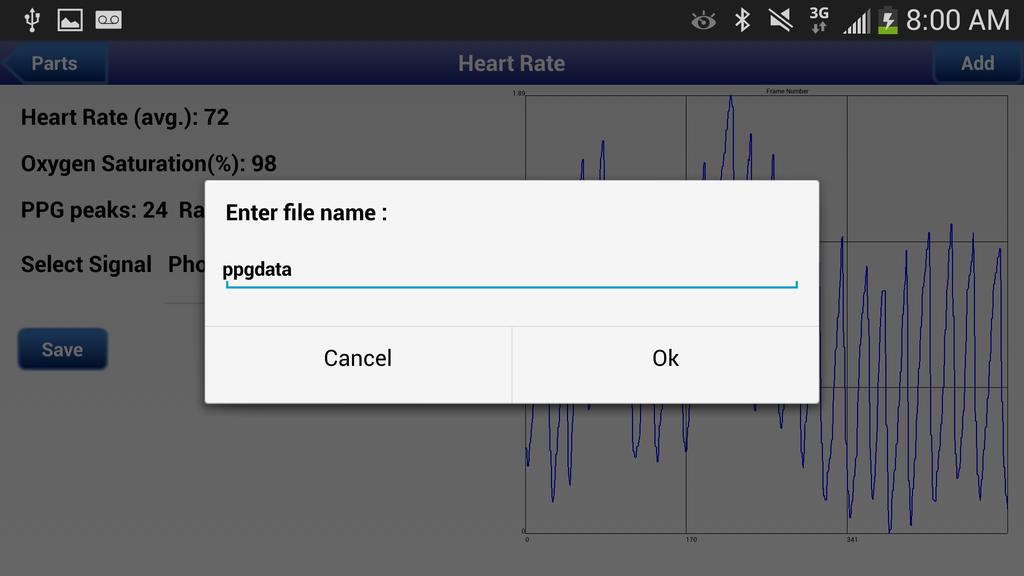 Figure 5.16: Dialog option to save the recorded PPG signal as a text file on the sd card of the device. placed in multiple body locations to be able to monitor activity.