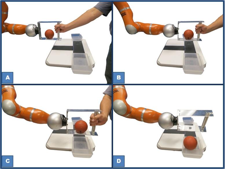 Fig. 2. Process of Trial:A) Initial start of trial, B)Beginning of lateral movement, C) End position at bin, D) Rotation by robot and ball drop into bin. position (α e, β e, γ e ).