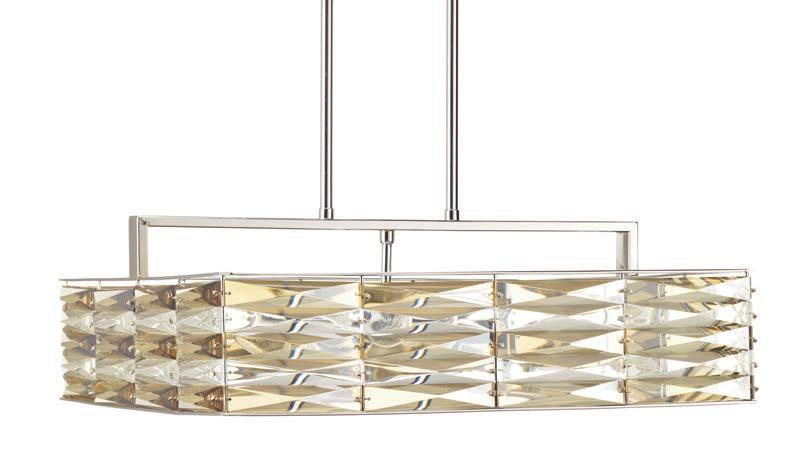 CHANDELIER, FOYER AND PENDANTS WITH ALTERNATING CLEAR AND CHAMPAGNE TINTED K9 GLASS ACCENTS, THE POINTE CELEBRATES THE ELEMENT OF SPARKLE THROUGH A SOPHISTICATED AND GLAMOROUS DESIGN.