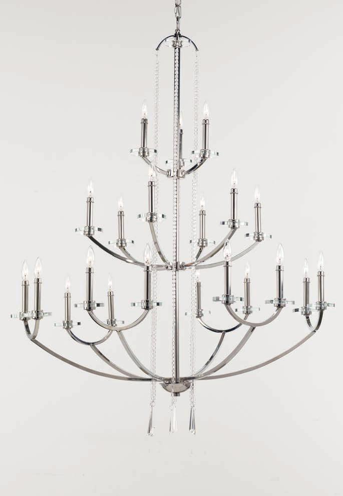 P4630-104 shown with optional shades P8704-01 CHANDELIER, FOYER AND PENDANTS DROPS OF OPULENT BEADS CASCADE DOWN SLEEK CURVED ARMS, FORMING A DRAMATIC WATERFALL EFFECT.