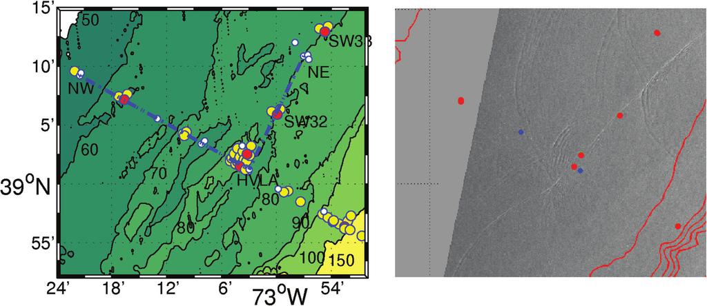 FIG. 1. Left: Chart of the SW06 area east of Cape May, NJ. Contours shown: 50 to 100 m by 10 m, and 150 m.