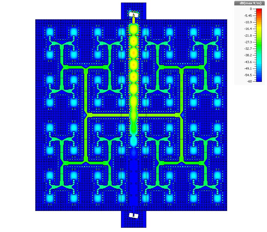 8 (a) Fig. 21. module. Photograph of the fabricated integrated diplexer-antenna array Fig. 19. Simulated E-field distribution within the feed-network. (a) 28.2 GHz, and 29.