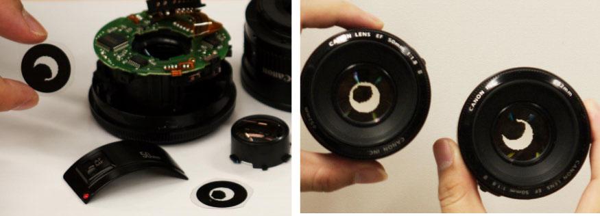 (a) (b) Figure 6. Implementation of aperture pair. (a) Lenses are opened. (b) Photomasks with the optimized aperture patterns are inserted. era in sequence to take a pair of images of each scene.