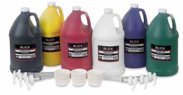 29 D Blick Premium Tempera 6-Color Pump Kits Kits contain one each of Red, Yellow, Blue, Green, Black, and White, plus six lockable pump lids and a package of 100 Richeson paint cups.