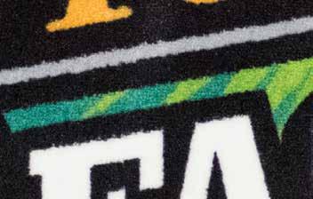 durablity Rubber backing contains 20% recycled rubber from car tires Logos are printed onto carpet face; fine details and 3-D images are