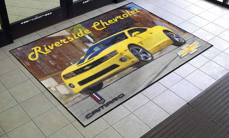 64 Heavy 32 oz/sq yd high twist, heat-set nylon face fabric SBR rubber backing contains 20% recycled rubber from car tires Logos are printed onto carpet face; fine details, shading and 3-D images are