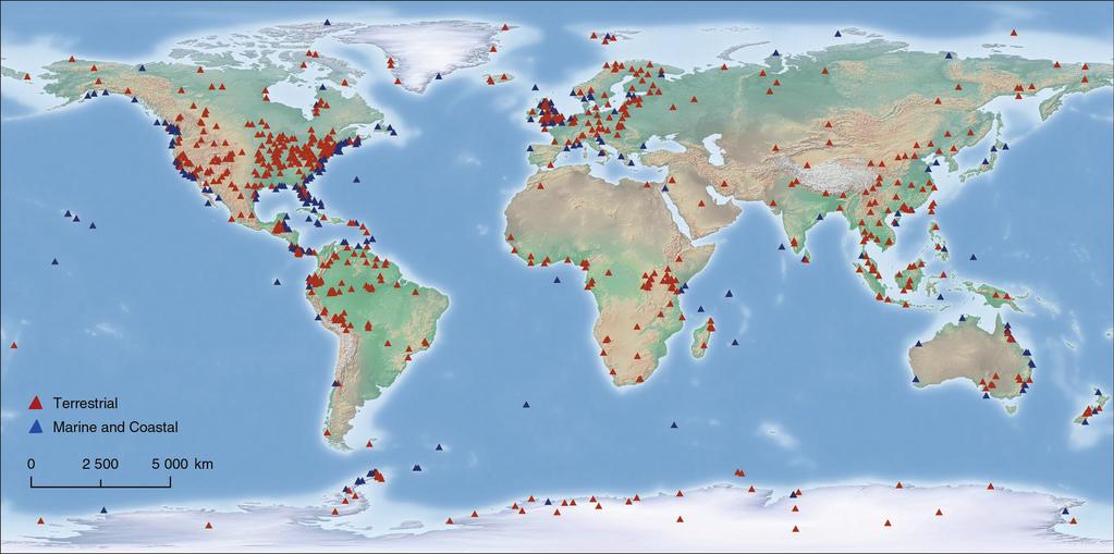 The National Research Council identified more than 900 field stations, marine labs, and nature reserves around the globe. Abbreviation: km, kilometers. Image: National Research Council.