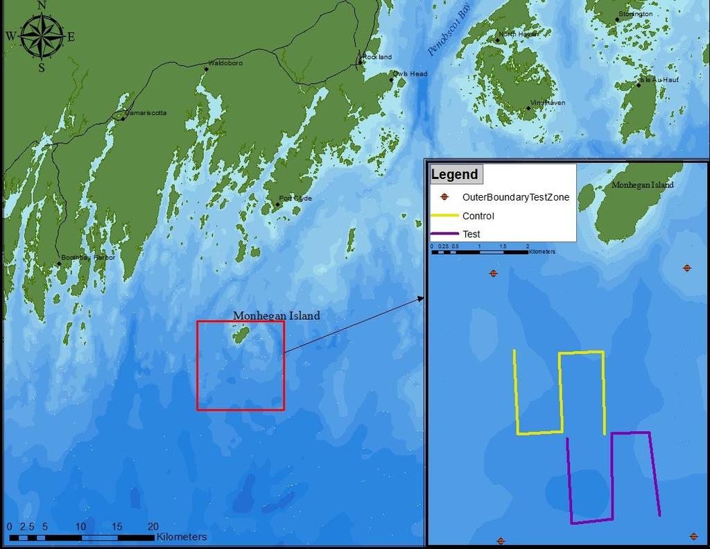 Map 2. Location of Monhegan Island in relation to Maine s coast, with the Test and Control Survey Quadrats shown in inset.
