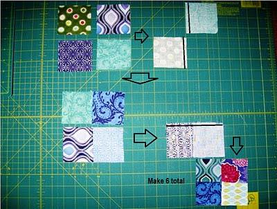 Now we need some four patches for the center of our blocks. Start by grabbing a stack of those 3" squares. Layout 6 sets of 4 as follows.